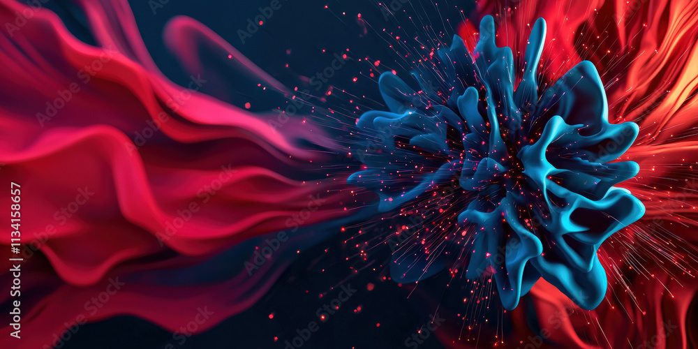 Poster a vibrant abstract representation featuring flowing red and blue elements converging in a dynamic, e