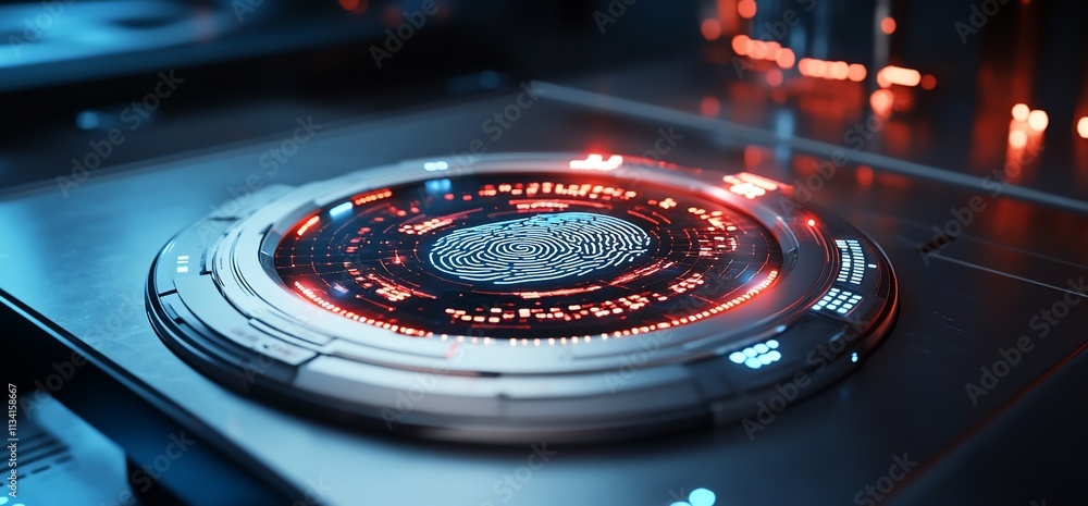 Poster A futuristic interface displaying a fingerprint scan with glowing elements.