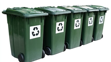 Green Recycling Bins Lined Up for Waste Management and Environmental Sustainability in Urban Settings, Promoting Eco-Friendly Practices and Recycling Initiatives