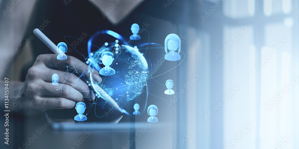 Poster digital network concept with hand using stylus, globe, and icons on blurred background.