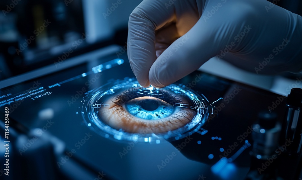 Poster a hand interacts with a digital eye display on a tablet, showcasing technology.