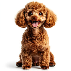 Fototapeta premium full body shot of red female toy poodle looking happy on plain white background, no shadows, no reflections