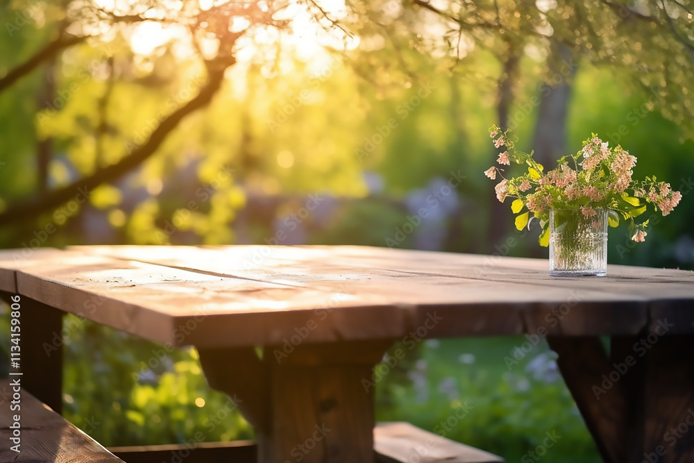 Poster empty wooden display table for items with abstract embellished floral garden background