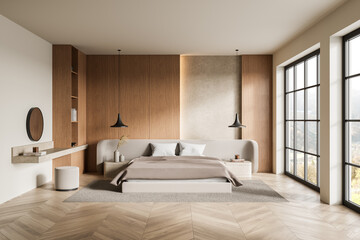 Modern minimalist bedroom interior with wooden accents, large windows, and elegant decor. 3D...