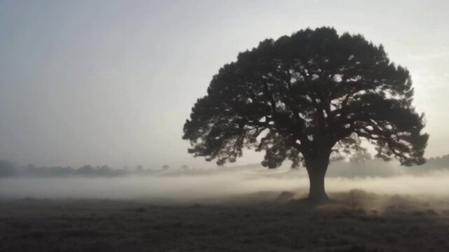4K Cinematic Wide Shot of Lone Tree in Fog with Hauntingly Peaceful Soundtrack