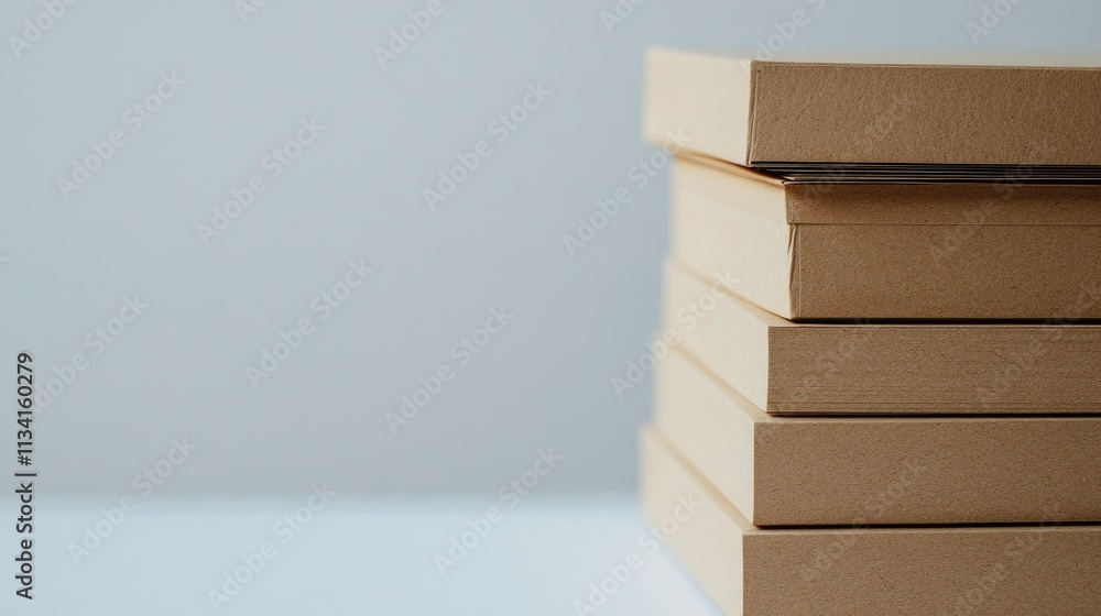 Poster stacked blank notebooks on a clean surface in soft focus with a light neutral background perfect for