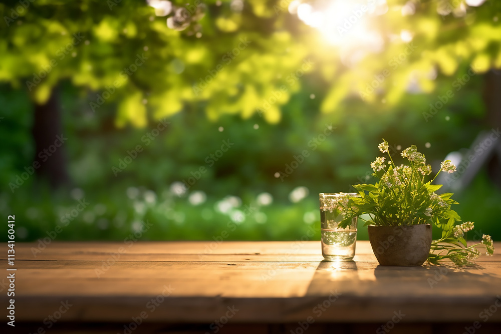 Poster wooden table surface showcased against a softly blurred backdrop of a colorful garden empty wooden d