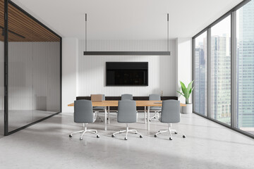 Modern conference room with chairs, wooden table, and large windows overlooking cityscape. 3D Rendering