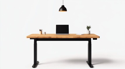 A clean electric standing desk with a modern design, isolated on a white background