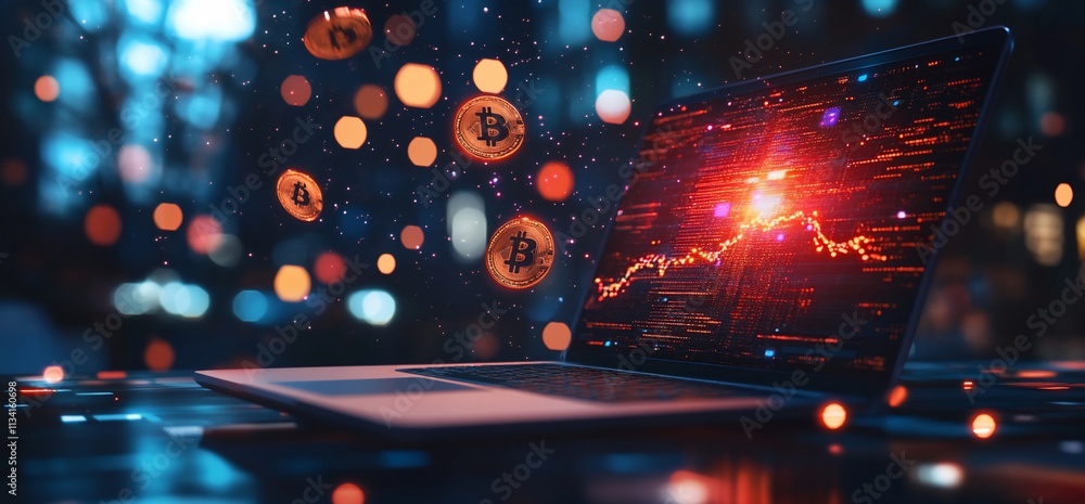 Aufkleber A laptop displaying cryptocurrency data with floating Bitcoin coins.