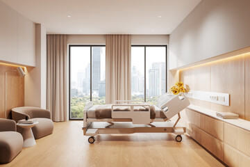 Modern hospital room with recliner bed, city view from large windows, beige cozy furniture, wooden flooring, and minimal interior design. 3D Rendering
