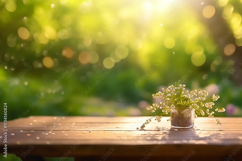 Poster table background of free space and spring time in garden, best for product display empty wood table 