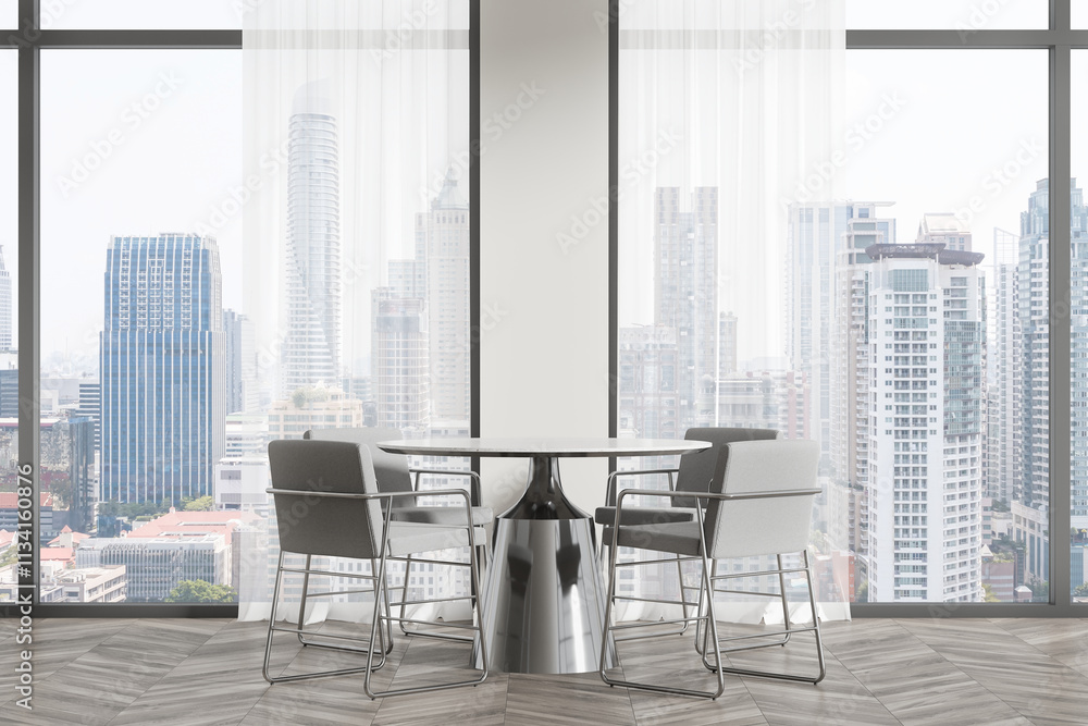 Aufkleber modern round table with chairs near large windows overlooking city skyline. 3d rendering