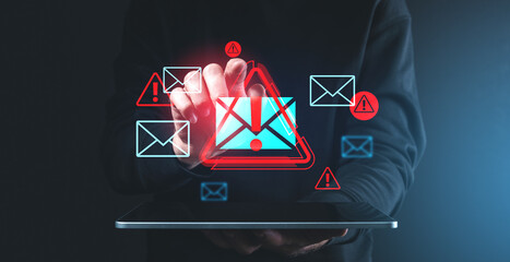 Digital spam warnings over tablet screen in dark background.