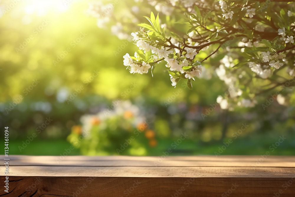 Poster table background of free space and spring time in garden, best for product display empty wood table 