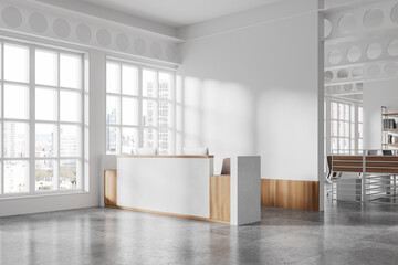 Modern office reception area with white desk and wooden accents, surrounded by large windows with city view in bright daylight. 3D Rendering