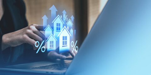 Digital housing market concept with percentage signs and arrows.