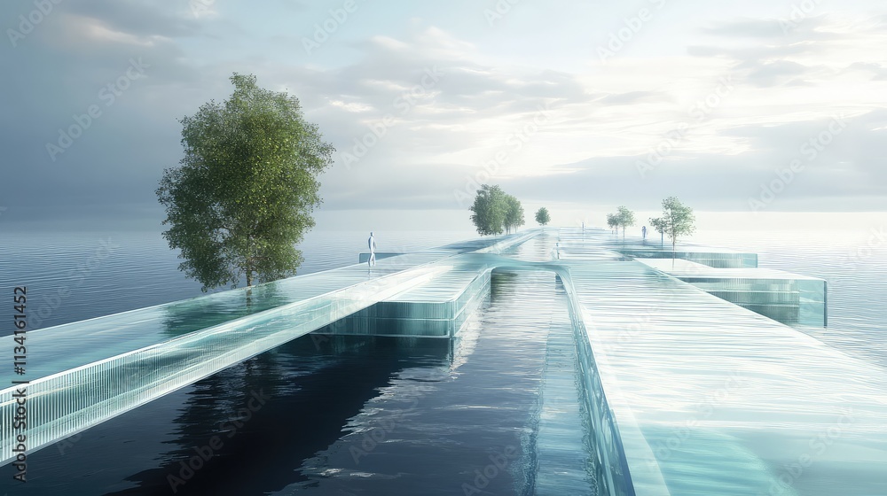 Poster a conceptual floating bridge design with transparent panels, connecting islands with the use of inno