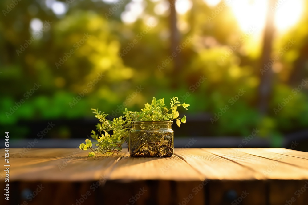 Poster table background of free space and spring time in garden, best for product display empty wood table 