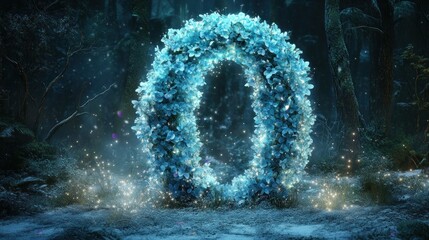 Fototapeta premium Enchanting, icy, ethereal, letter 'O' formed from frozen, light-blue leaves, in a mystical forest.