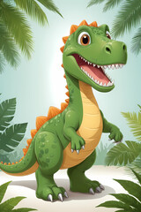 Fototapeta premium A cartoon dinosaur stands in a lush jungle with tall trees and a bright blue sky. looking down at the visible ground.