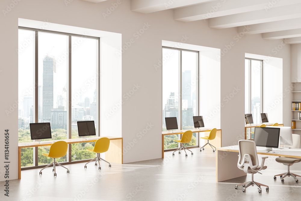 Poster modern open space office interior with desks, chairs, and computers near large windows overlooking a