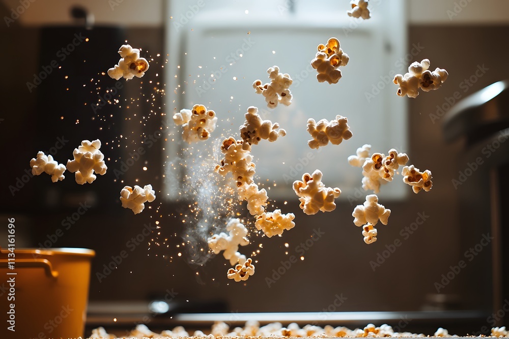 Poster popcorn kernels bursting in mid-air, creating a dynamic and playful scene.