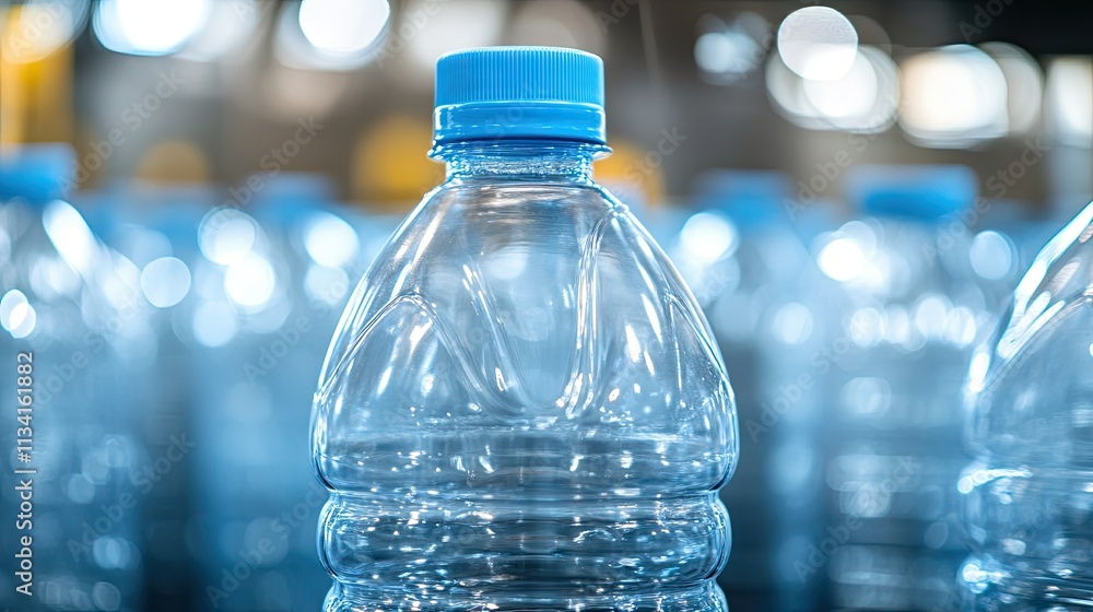 Poster clear plastic water bottle with blue cap in a soft-focused setting surrounded by multiple bottles re