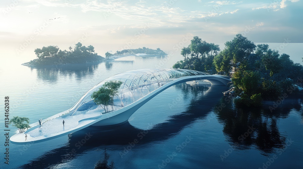 Poster a conceptual floating bridge design with transparent panels, connecting islands with the use of inno