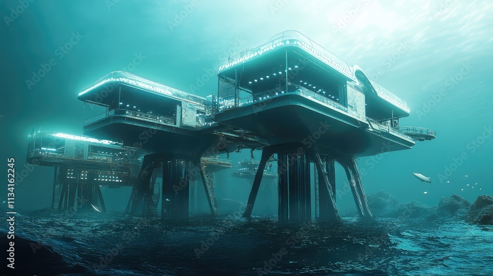 Poster a conceptual floating research lab, with modular platforms and high-tech structures, designed to flo