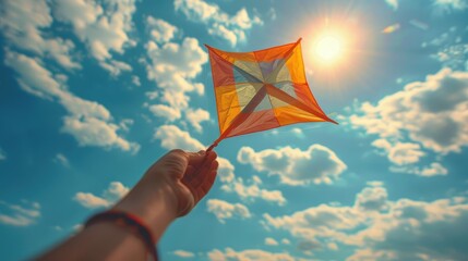 cinematic, photorealistic, surrealism, a hand holding a a rainbow kite floating in the sky, beautiful day, blue sky with fluffy white clouds