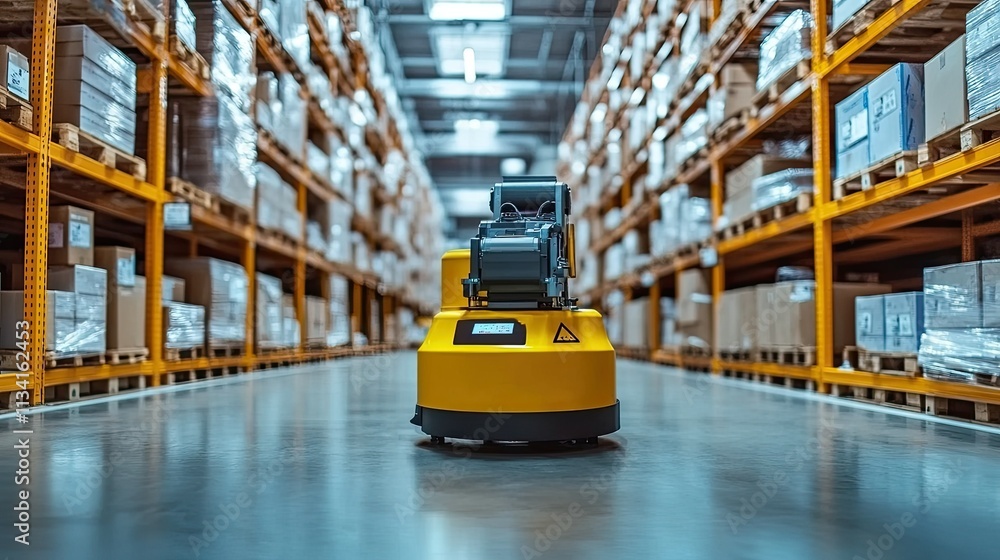 Poster advanced automated robot in modern warehouse with stacked boxes and efficient storage solutions for 