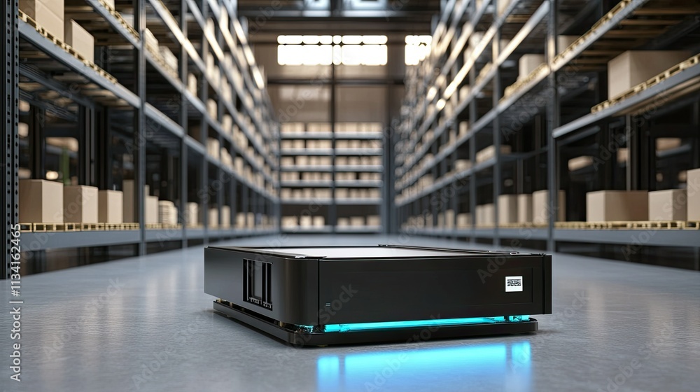 Poster automated guided vehicle in a modern warehouse setting designed for efficient logistics and inventor