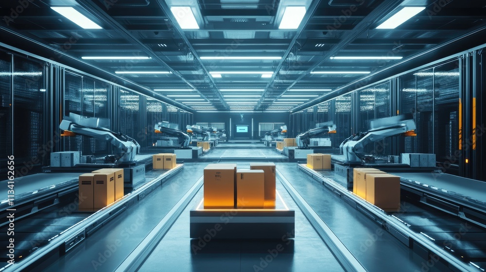 Poster futuristic automated warehouse with robotic arms sorting packages in a high-tech environment showcas