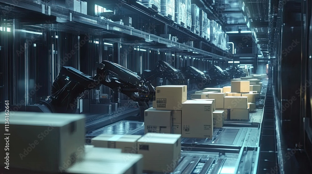 Poster futuristic automated warehouse with robotics, high-tech machinery, and packages being processed in a