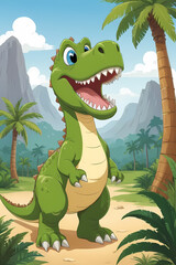 Naklejka premium A cartoon T-Rex stands in a lush. vibrant jungle with majestic mountains behind. under a bright blue sky.