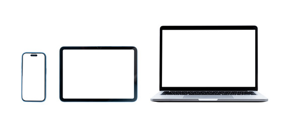 Set of smart devices smartphone, tablet and laptop isolated with blank screen on transparent background, PNG Format