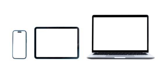 Set of smart devices smartphone, tablet and laptop isolated with blank screen on transparent background, PNG Format