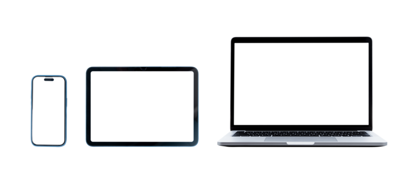 Set of smart devices smartphone, tablet and laptop isolated with blank screen on transparent background, PNG Format