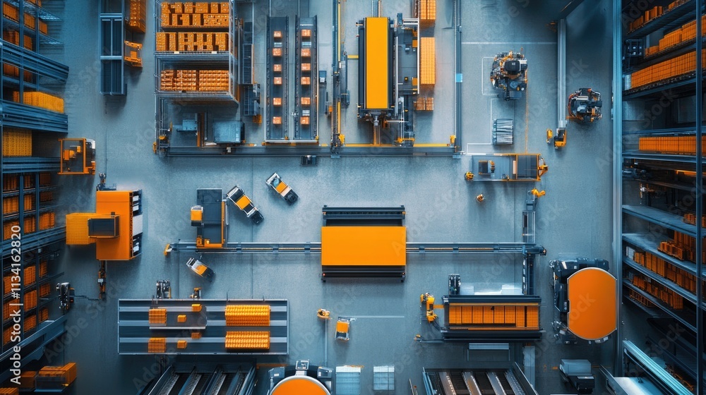 Poster aerial view of modern warehouse with automated systems featuring orange and gray elements, efficient