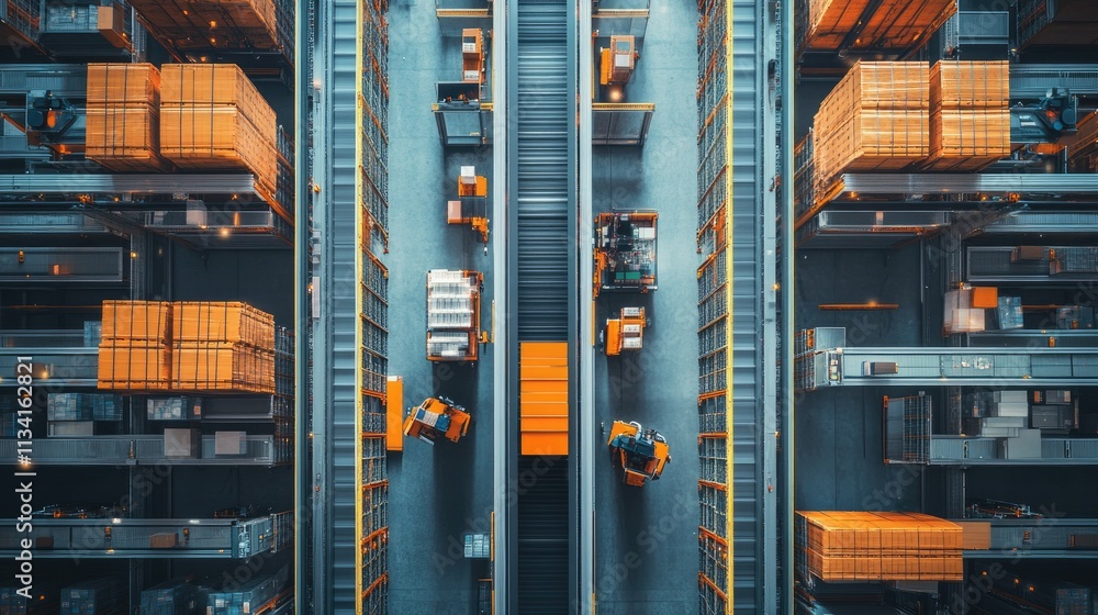 Poster aerial view of modern warehouse with automated systems, orange boxes, and efficient storage solution