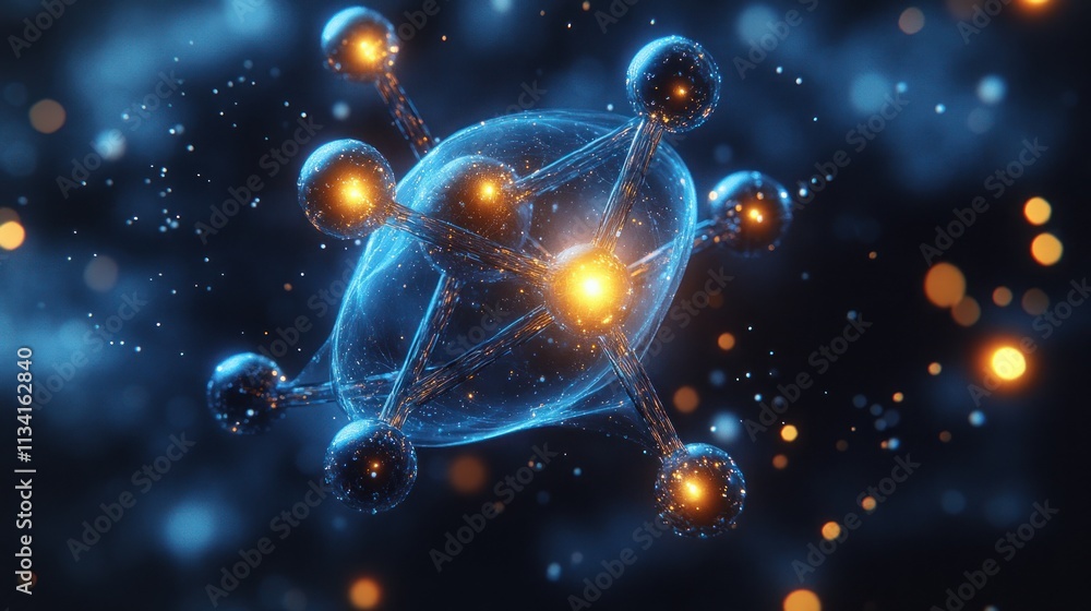 Aufkleber a digital representation of a molecular structure with glowing particles and connections.