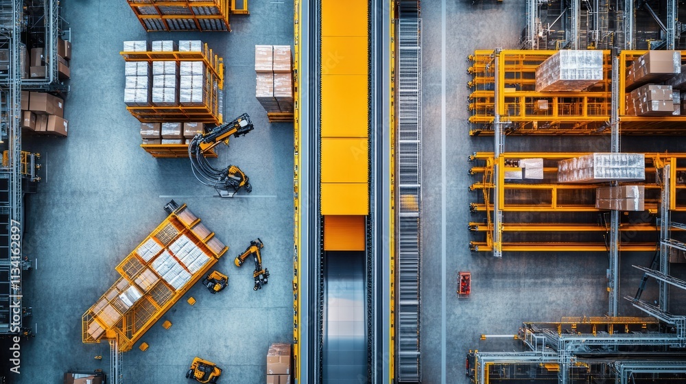 Poster aerial view of modern warehouse with automated robots and yellow racks full of boxes, efficient supp