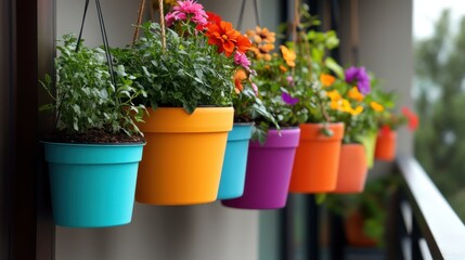 A colorful balcony garden setup, using hanging pots and small containers to grow flowers and herbs.