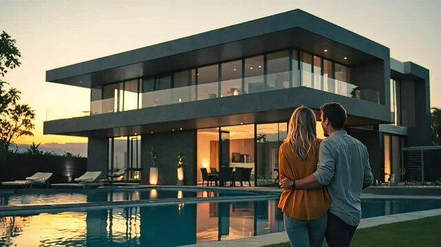 A couple standing near a modern home with a large patio and infinity pool, envisioning their future residence.