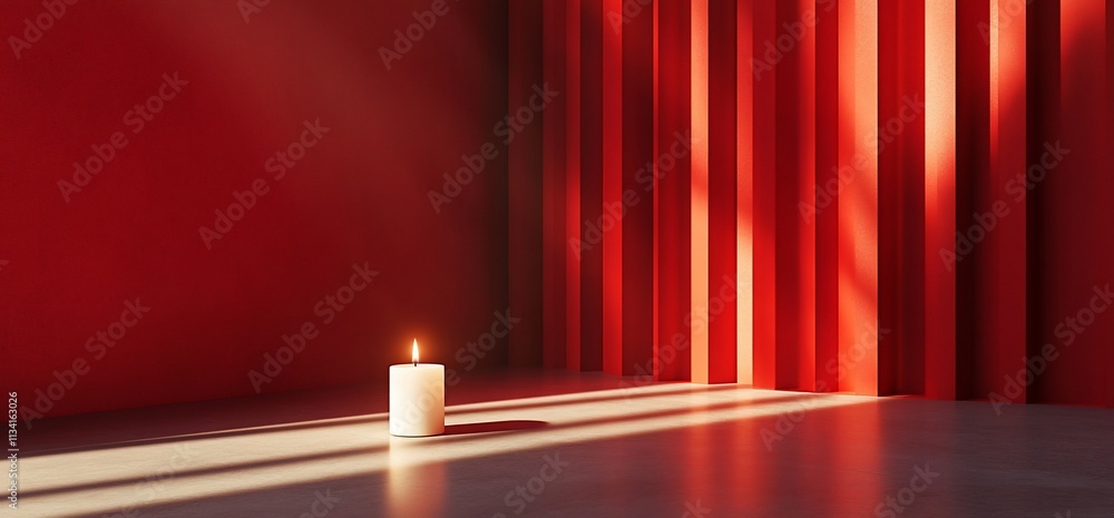 Poster a serene red room with a lit candle casting soft shadows.