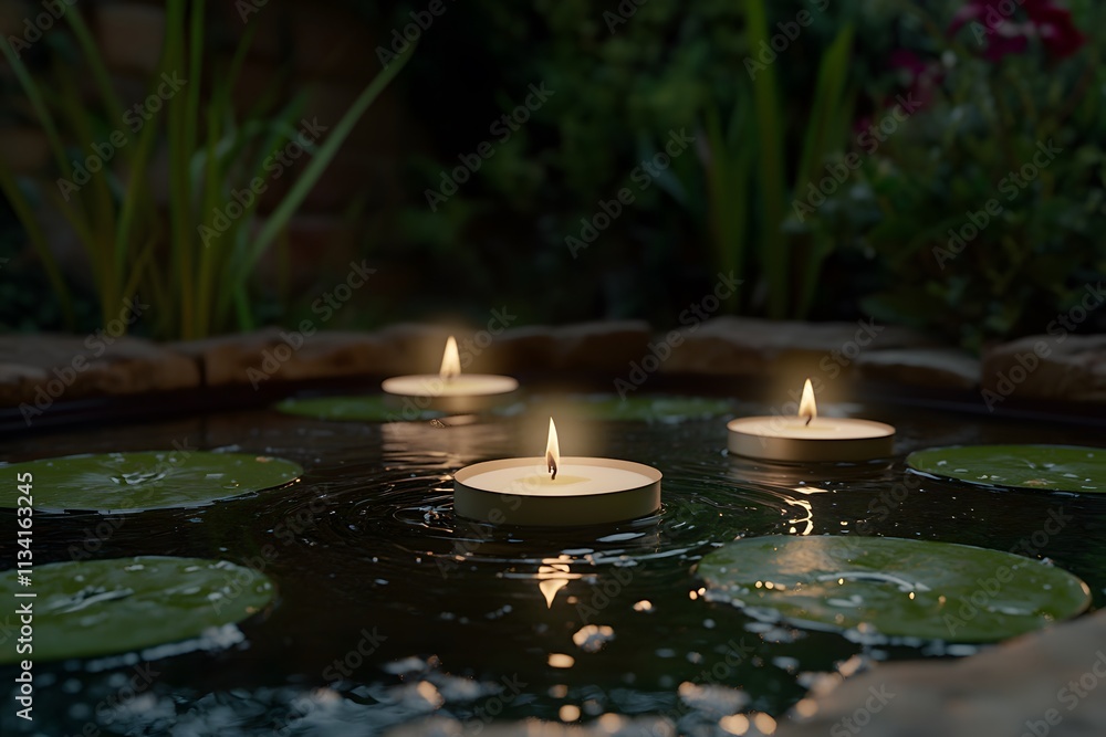 Aufkleber tranquil pond with floating candles and lily pads, creating a serene atmosphere.