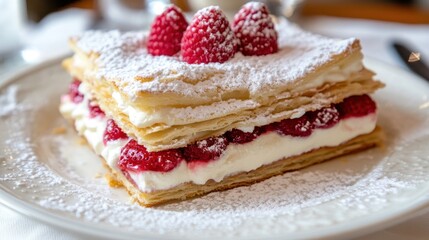 A delicious layered dessert with raspberries and cream, dusted with powdered sugar.
