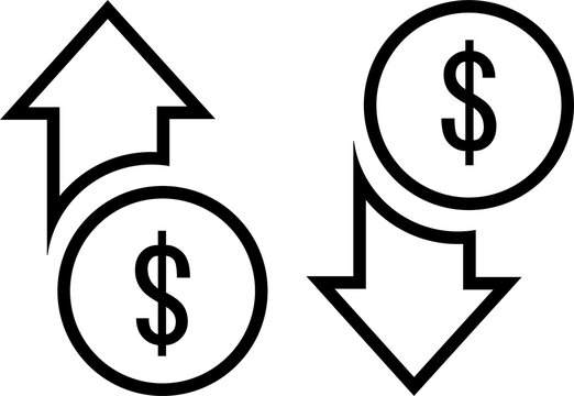 Dollar value increases and decreases minimal line icon set Transparent background