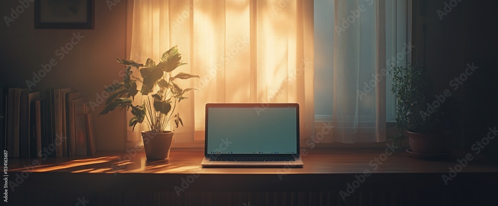 Poster a serene workspace with a laptop and plants, illuminated by soft light.